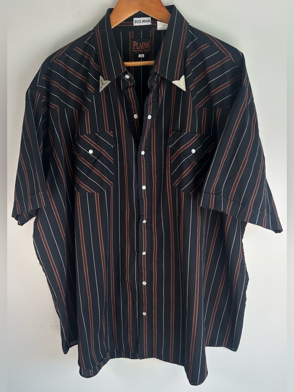 Plains Western Wear Mens Shirt 3XL Pearl Snap Silver Collar Tips Cowboy Vintage